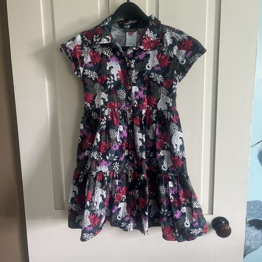 Vince Camuto Button Down Dress Jungle Leopard Girl Collared Tiered Size 8